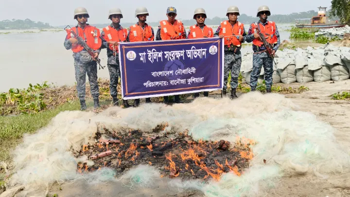 পিরোজপুরে নৌবাহিনীর মা ইলিশ সংরক্ষণ অভিযানে সাড়ে ১০ লাখ টাকার অবৈধ জাল জব্দ